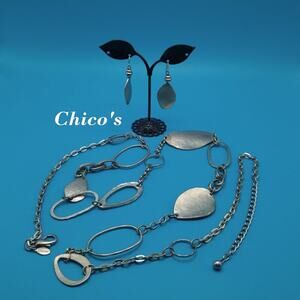 Chico's Necklace Belt Combo Matching Earrings, Hammered Silver Tone, Belt 43"